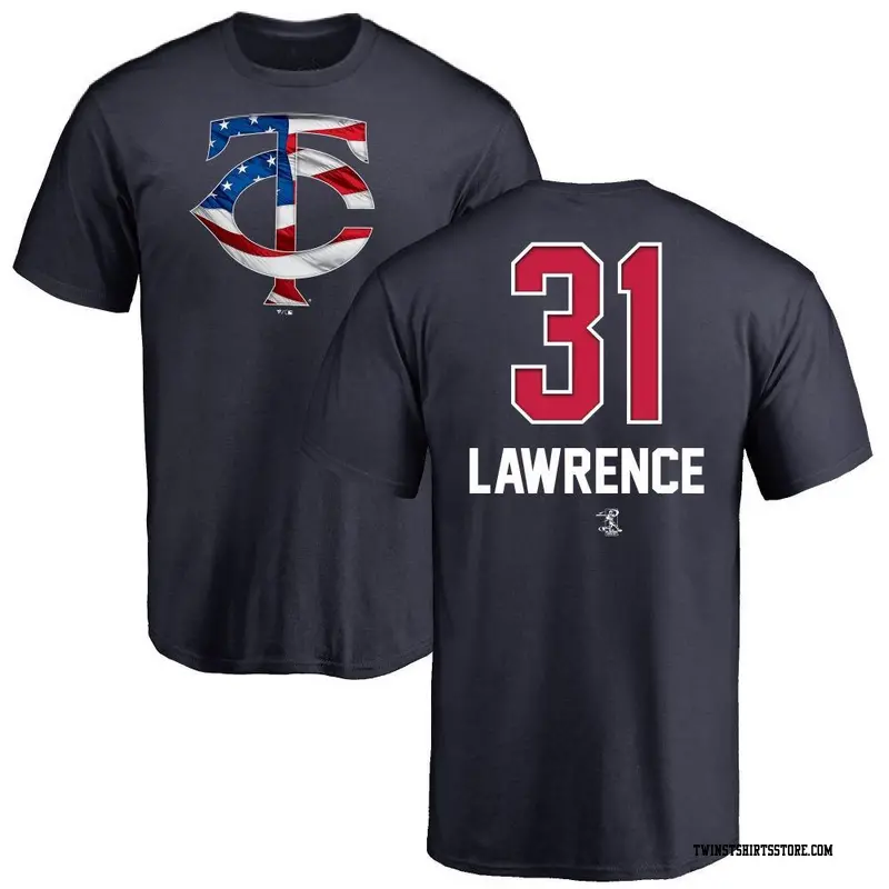 Men's Minnesota Twins ＃31 Justin Lawrence Navy Name and Number Banner Wave T-Shirt