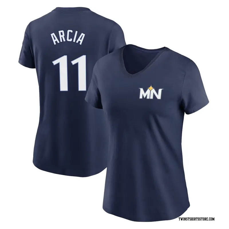 Women's Minnesota Twins ＃11 Orlando Arcia Navy 2024 City Connect Fuse Name & Number V-Neck T-Shirt