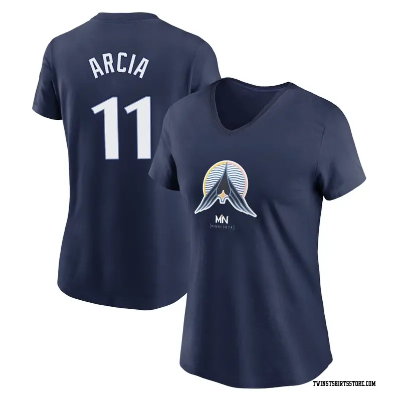 Women's Minnesota Twins ＃11 Orlando Arcia Navy 2024 City Connect Name & Number V-Neck T-Shirt