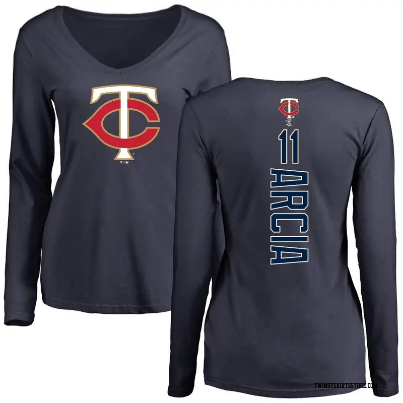 Women's Minnesota Twins ＃11 Orlando Arcia Navy Backer Slim Fit Long Sleeve T-Shirt