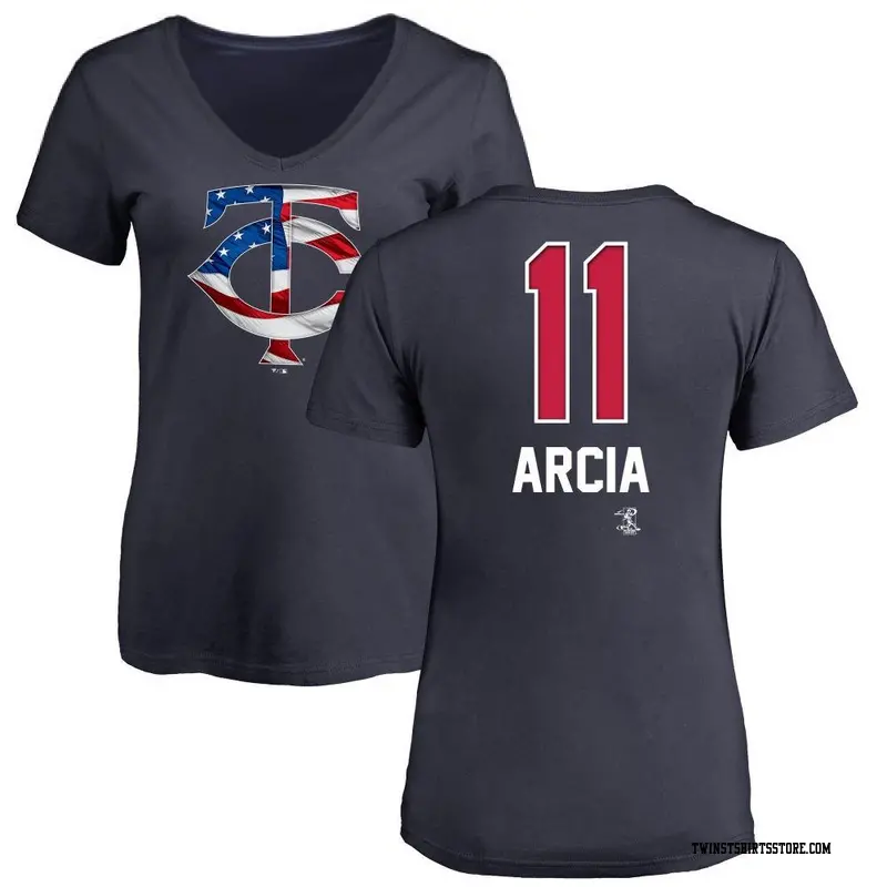 Women's Minnesota Twins ＃11 Orlando Arcia Navy Name and Number Banner Wave V-Neck T-Shirt