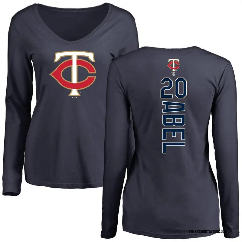 Women's Minnesota Twins ＃20 Mick Abel Navy Backer Slim Fit Long Sleeve T-Shirt
