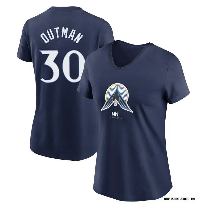 Women's Minnesota Twins ＃30 James Outman Navy 2024 City Connect Name & Number V-Neck T-Shirt