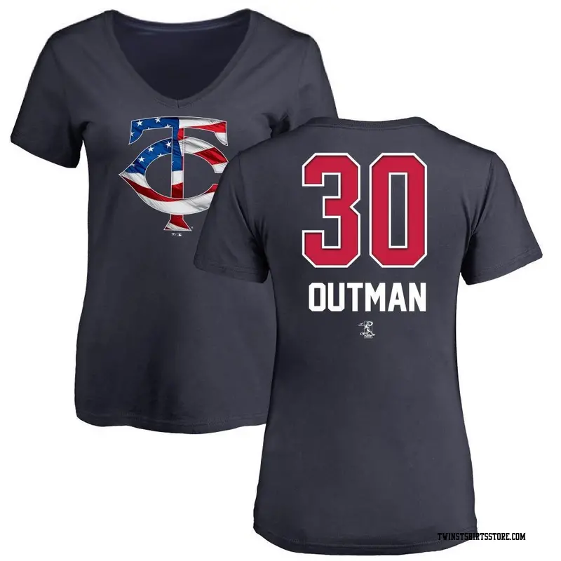 Women's Minnesota Twins ＃30 James Outman Navy Name and Number Banner Wave V-Neck T-Shirt