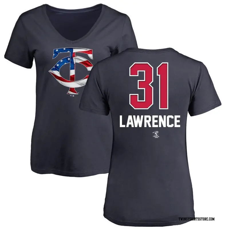 Women's Minnesota Twins ＃31 Justin Lawrence Navy Name and Number Banner Wave V-Neck T-Shirt
