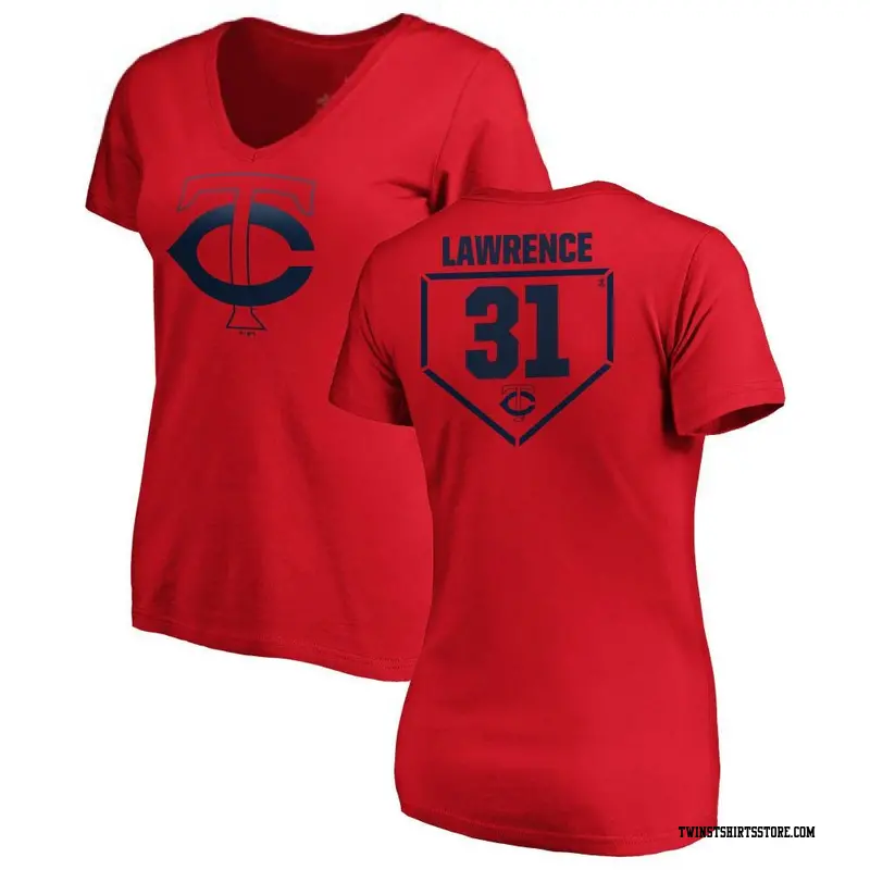 Women's Minnesota Twins ＃31 Justin Lawrence Red RBI Slim Fit V-Neck T-Shirt