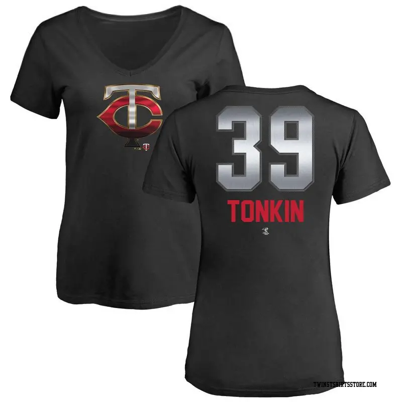 Women's Minnesota Twins ＃39 Michael Tonkin Black Midnight Mascot V-Neck T-Shirt