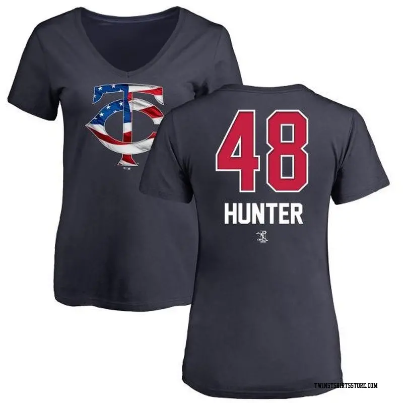 Women's Minnesota Twins ＃48 Torii Hunter Navy Branded Name and Number Banner Wave V-Neck T-Shirt