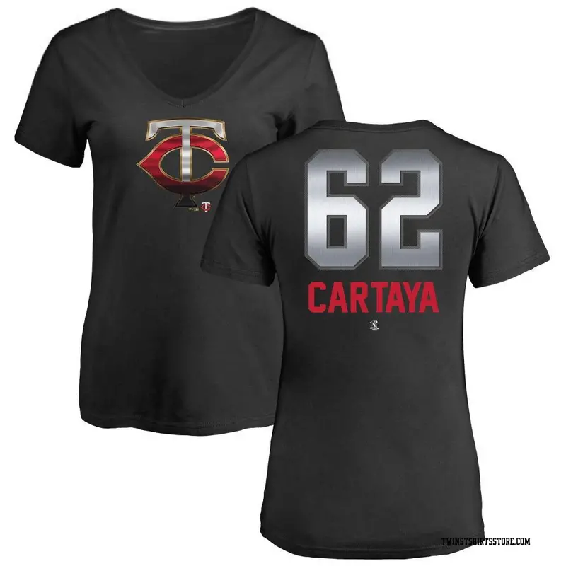 Women's Minnesota Twins ＃62 Diego Cartaya Black Midnight Mascot V-Neck T-Shirt