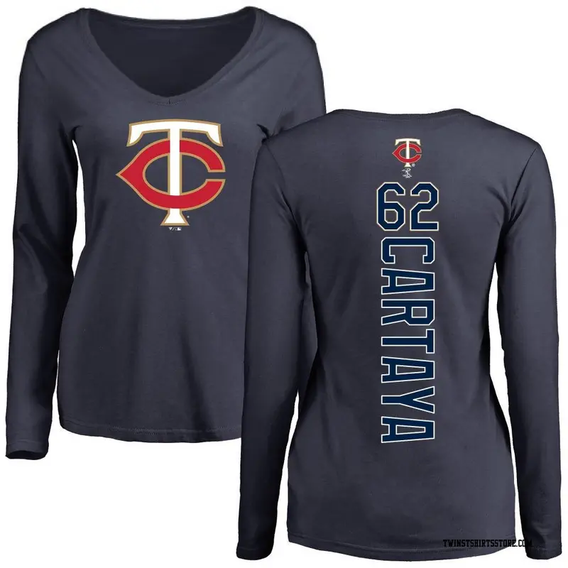 Women's Minnesota Twins ＃62 Diego Cartaya Navy Backer Slim Fit Long Sleeve T-Shirt