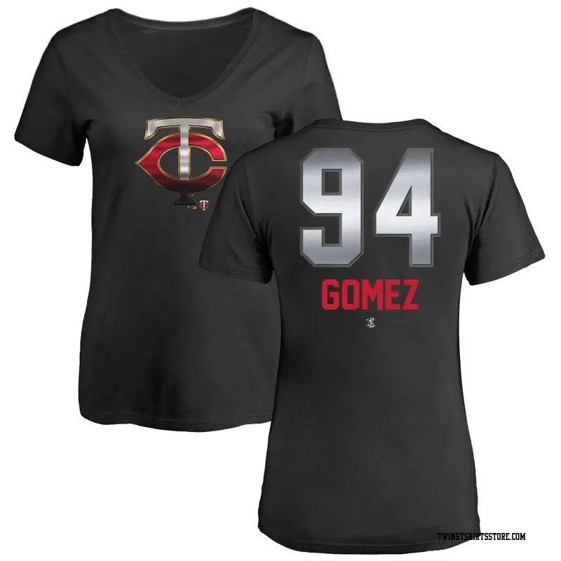 Women's Minnesota Twins ＃94 Yoendrys Gomez Black Midnight Mascot V-Neck T-Shirt